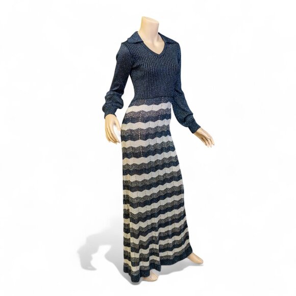 Vintage 70s Wenjilli Metallic Knit Maxi Dress * Navy & Silver Chevron Lurex - Picture 12 of 15